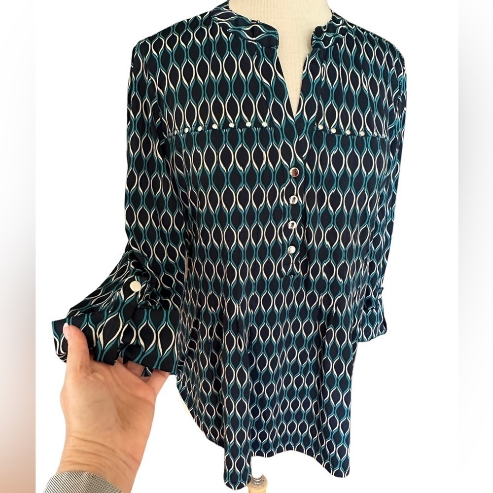 COCOMO XL Blue White Studded 3/4 sleeve women’s Pintuck Blouse top shirt - Picture 5 of 12